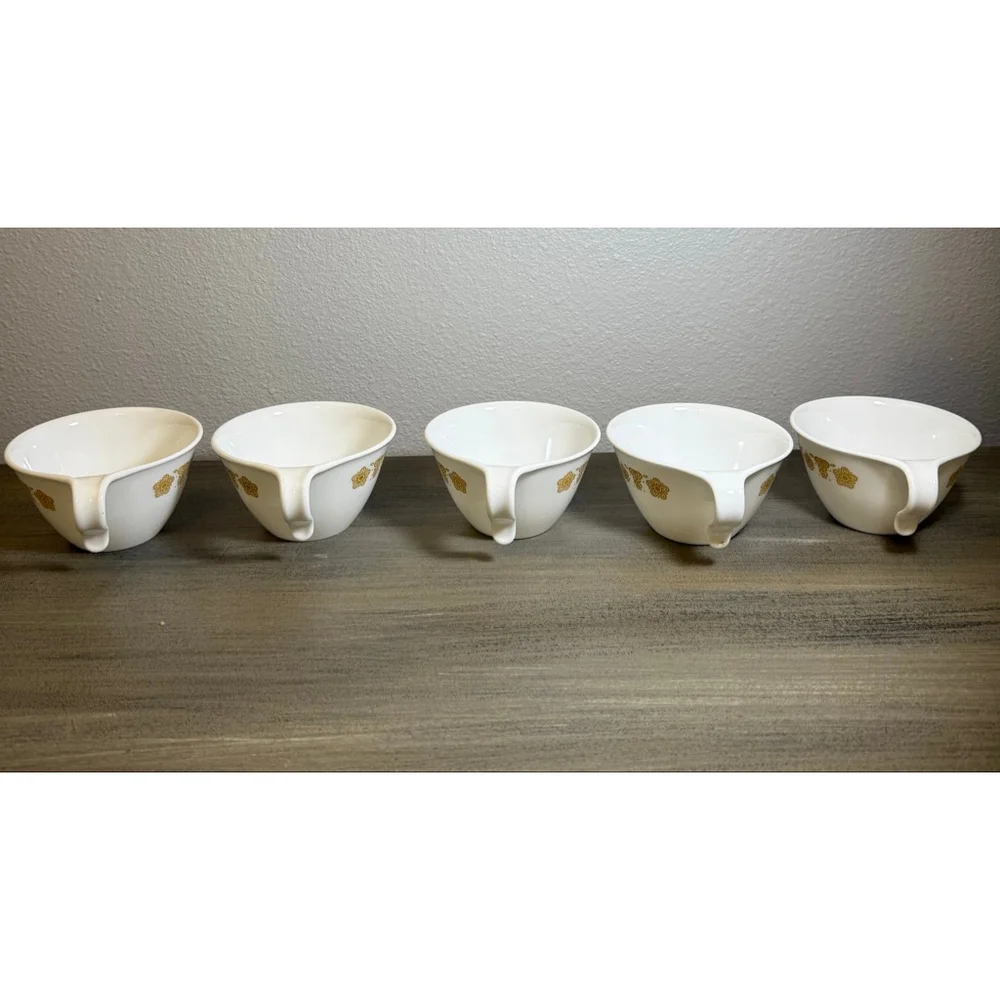 Set of 5 vintage Corelle Butterfly Gold flat cups hook handles by Corning